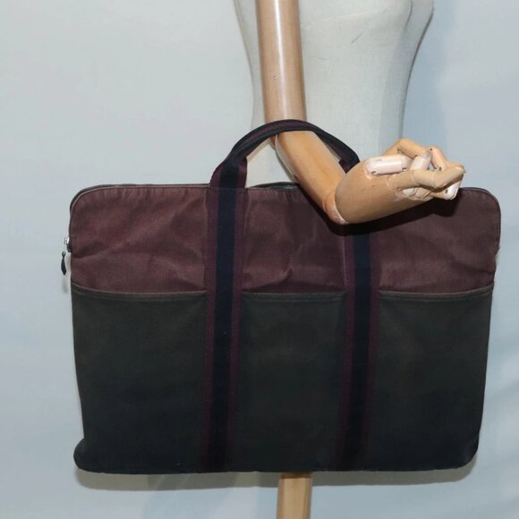 HERMES Hand Bag Canvas Wine Red Black Silver Auth ti2069 - Picture 12 of 16